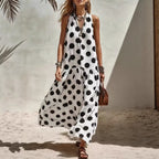Women's digital print short sleeve maxi dress by FitiqueFit, featuring loose fit and knit fabric, displayed on a hanger.