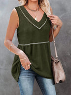 V-neck waffle knit tank top with contrast stitching, casual sleeveless top by Trendsi, shown in a close-up of fabric and stitching details.
