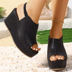 Shopimist peep toe wedge sandals with ankle straps and cork heels, stylish footwear for summer and casual wear.
