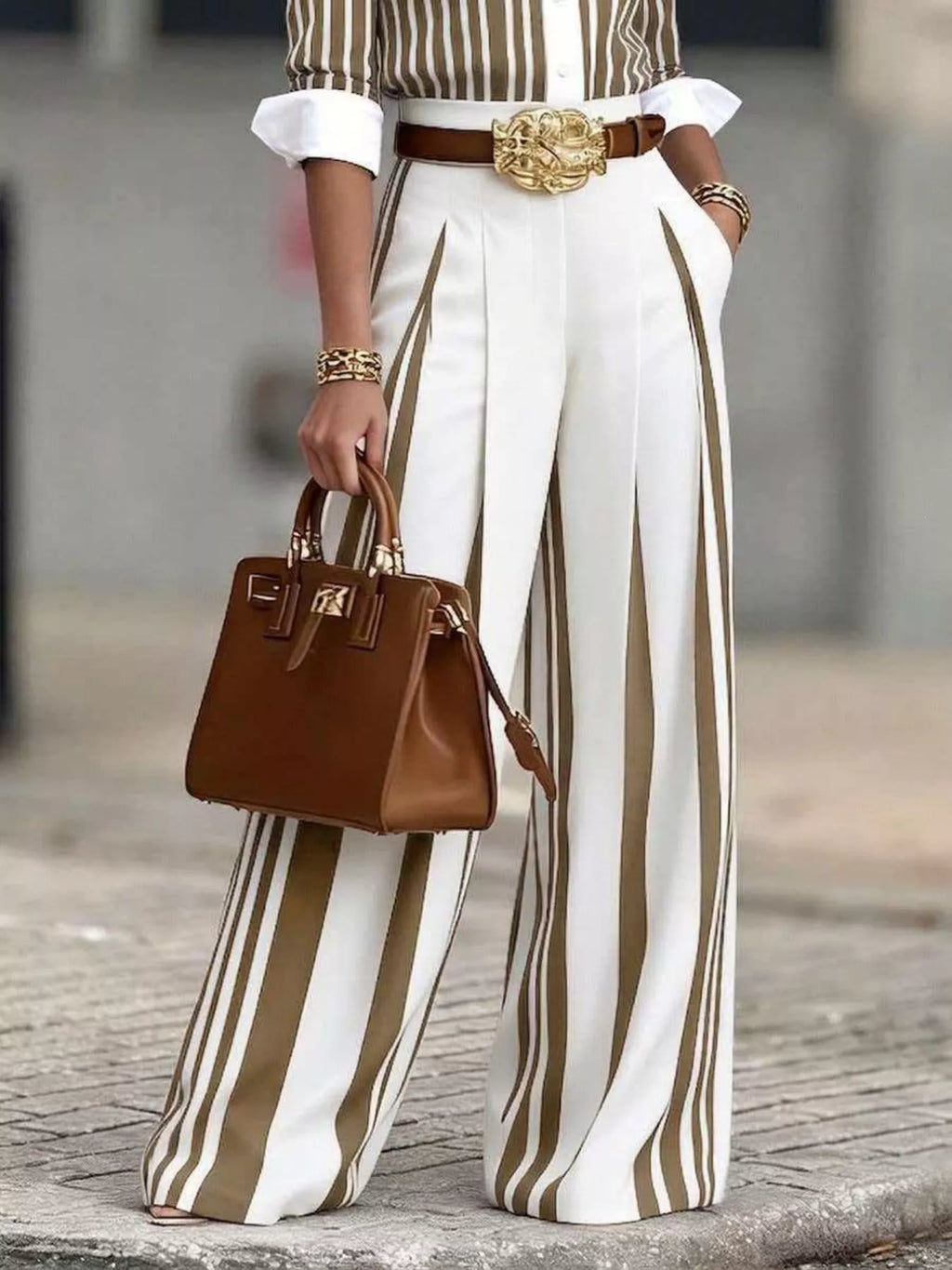 High-waisted wide-leg striped pants by Shopimist displayed on a model, showcasing their relaxed fit and bold vertical stripe pattern.