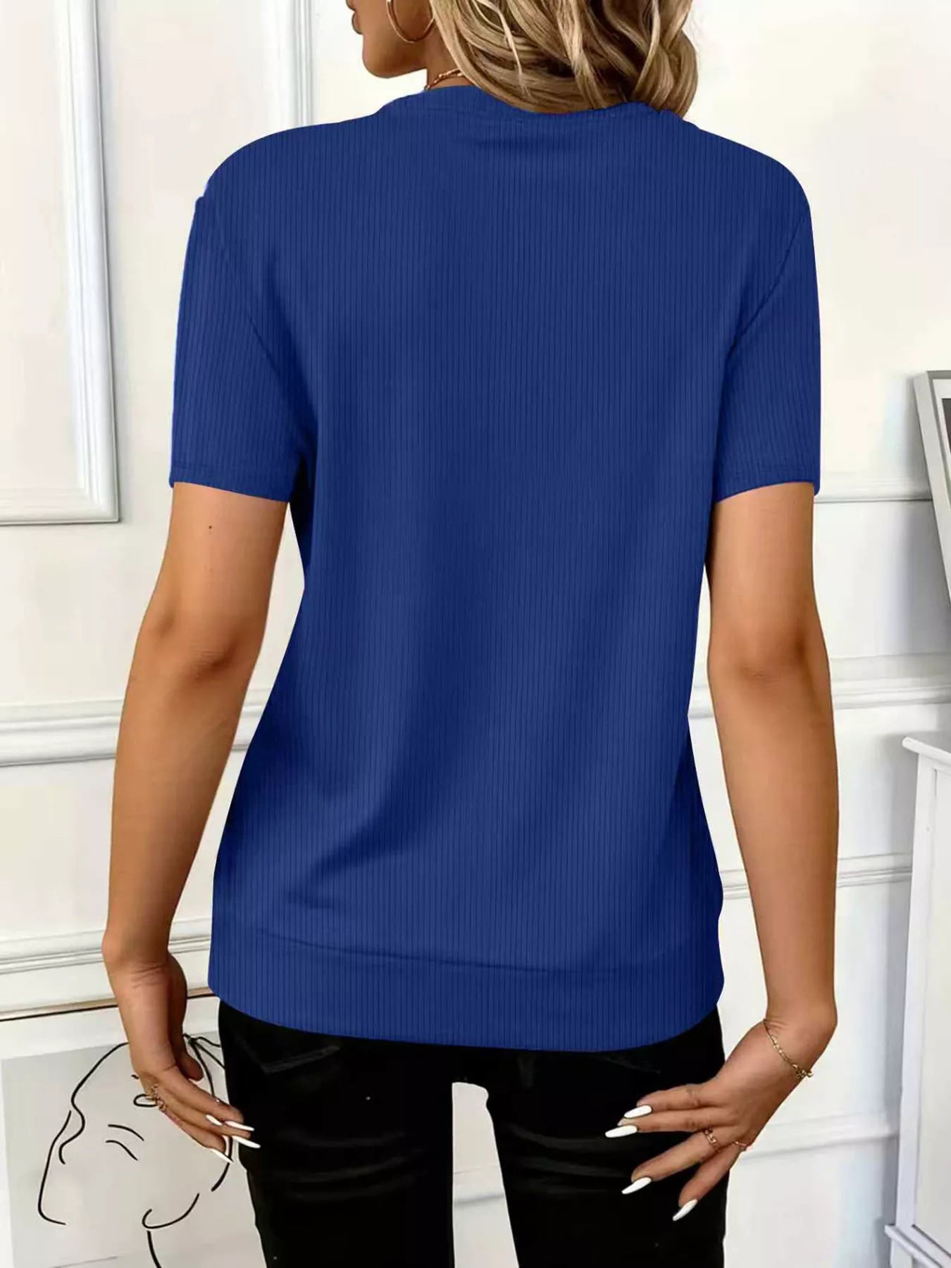 Women's ribbed half zip short sleeve casual top by Trendsi, soft stretch pullover with ribbed texture and short sleeves.