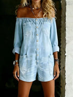 Plus size Shopimist off-shoulder button-down romper with full front design, stylish and comfortable for casual wear.
