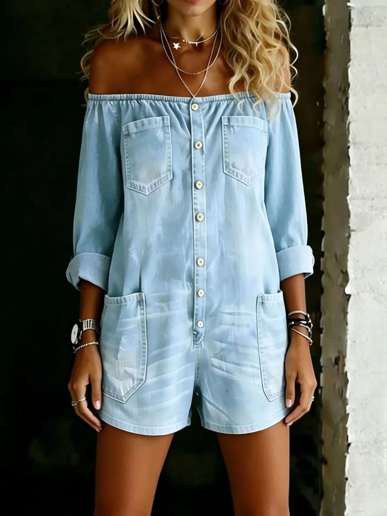 Plus size off-shoulder button-down romper by Plush Fashion Hub, full-length front view showing relaxed fit and stylish design.