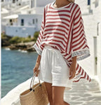 Women’s striped ramie bamboo two-piece casualwear set by FitiqueFit, featuring a relaxed top and matching wide-leg pants.