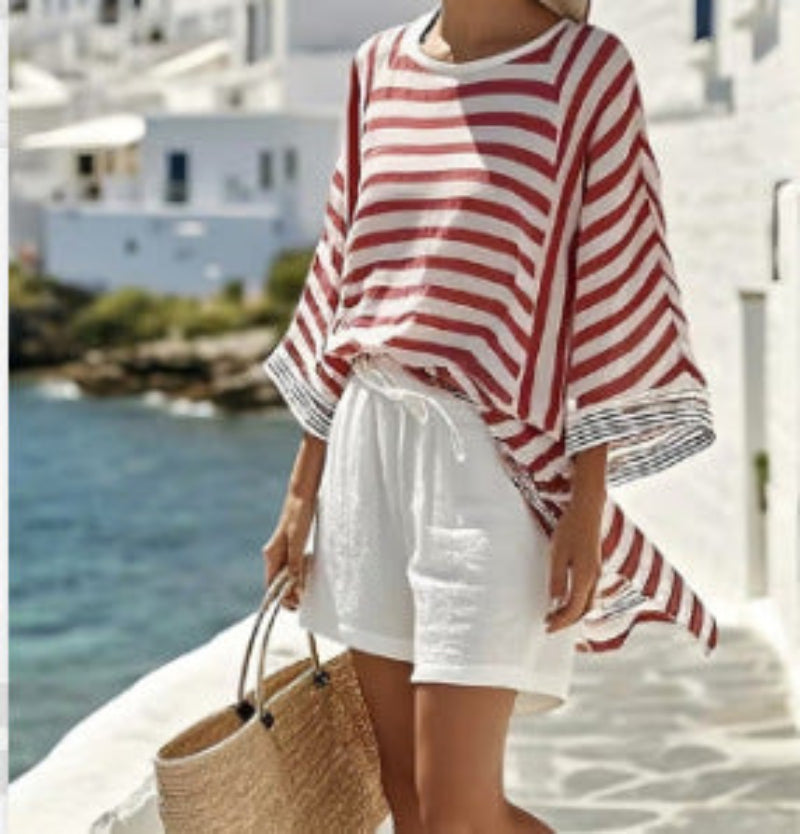 Women’s striped ramie bamboo two-piece casualwear set by FitiqueFit, featuring a relaxed top and matching wide-leg pants.