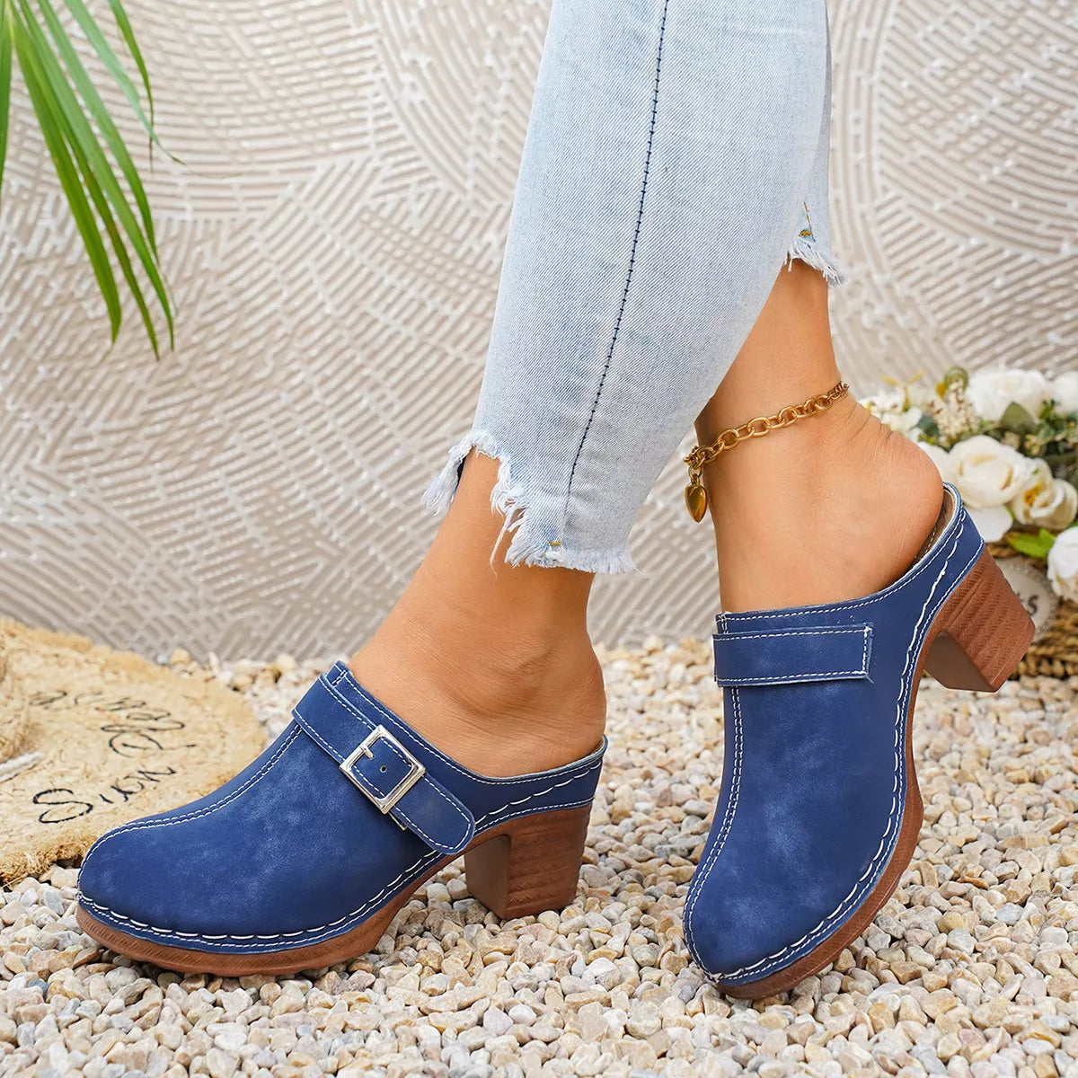 Shopimist round toe block heel sandals showing a stylish open-toe design with a chunky heel and sleek straps.