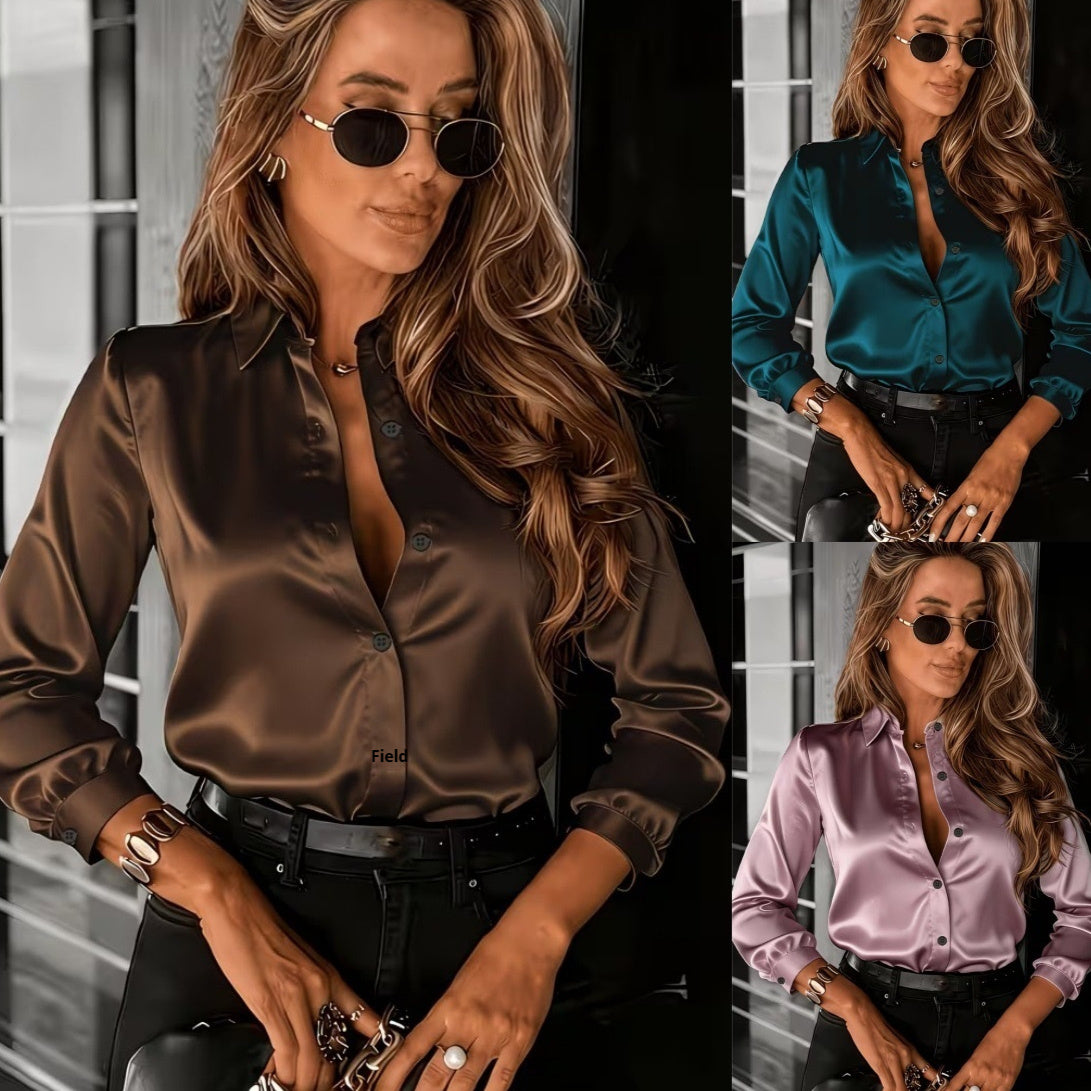 Women's satin lapel shirt with long sleeves, drapey casualwear by FitiqueFit, shown in a relaxed fit with smooth satin fabric.