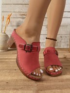 Shopimist buckle block heel sandals with open toes and ankle straps, stylish footwear for casual or dressy occasions.