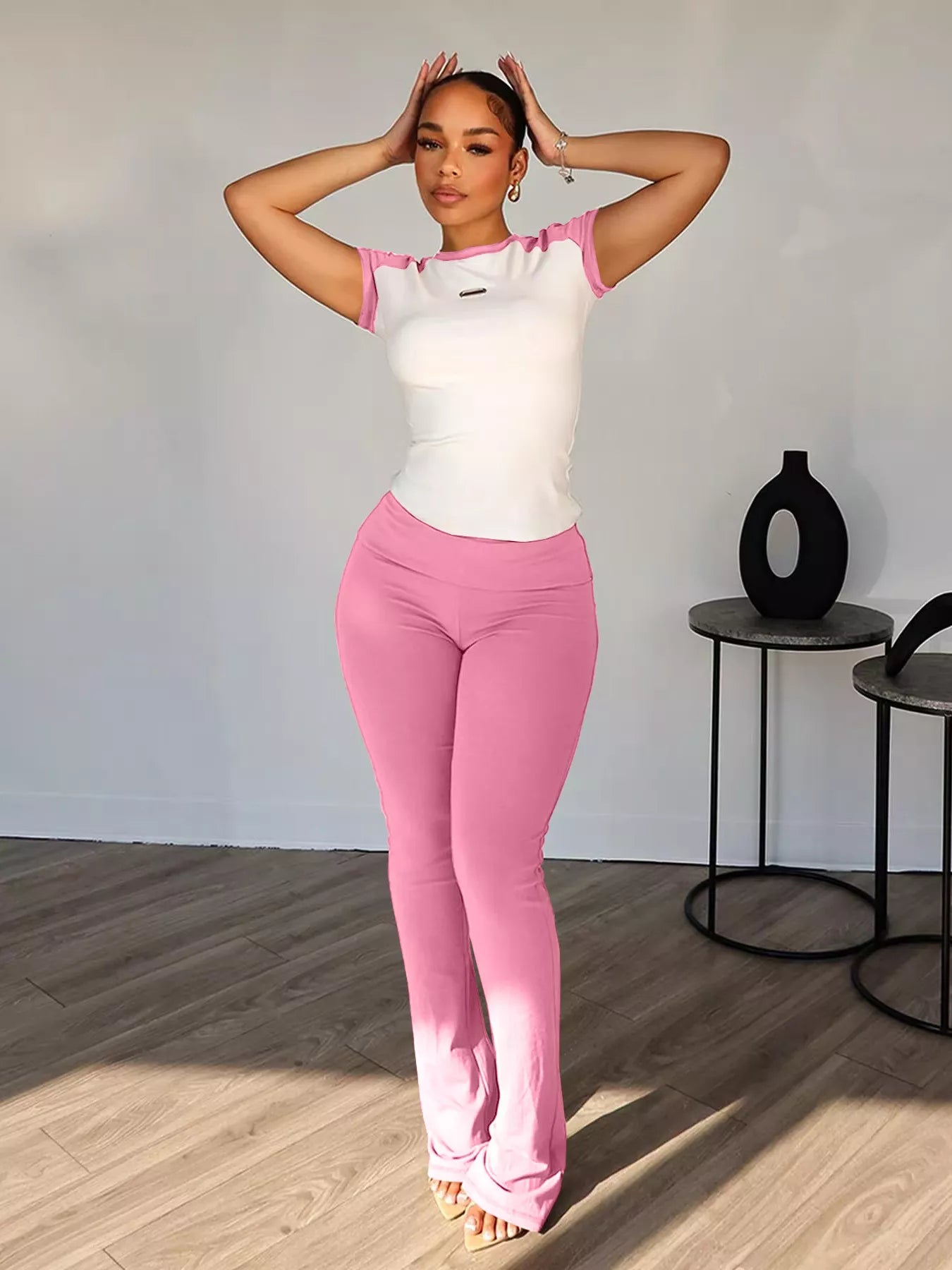 Contrast short sleeve tee and pants set by Plush Fashion Hub, featuring a stylish, comfortable matching outfit for casual wear.