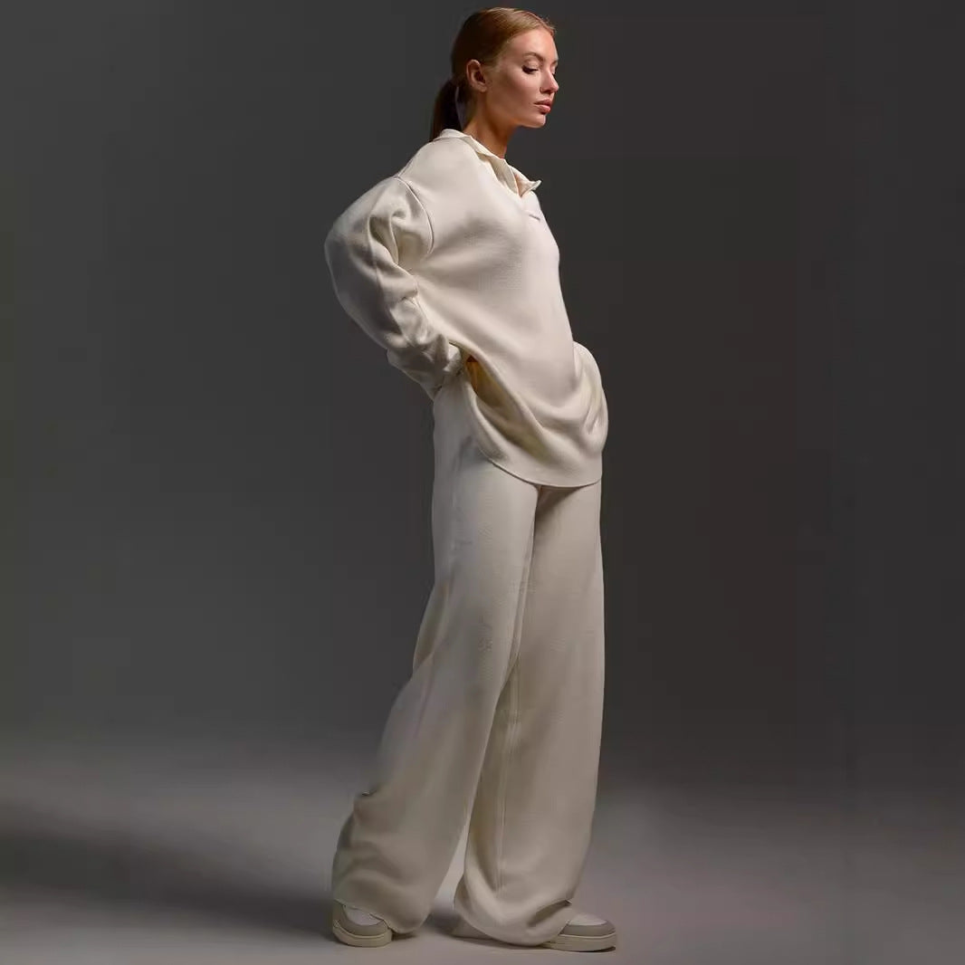 Women’s fall winter casual two-piece set by FitiqueFit featuring a loose collar sweater and matching pants, ideal for cozy everyday wear.