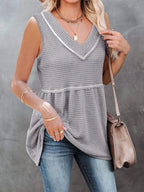 V-neck waffle knit tank top with contrast stitching, trendy sleeveless top from Trendsi, casual summer fashion.