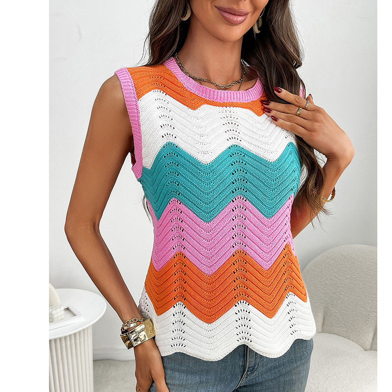 Women’s rainbow-striped cropped sweater vest by FitiqueFit, casual wear featuring vibrant rainbow color stripes and a stylish cropped fit.