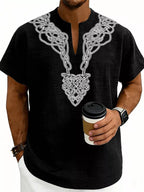 Men's plus size printed short sleeve blouse with notched neckline, stylish casual top by Trendsi, shown in a full-size fit.