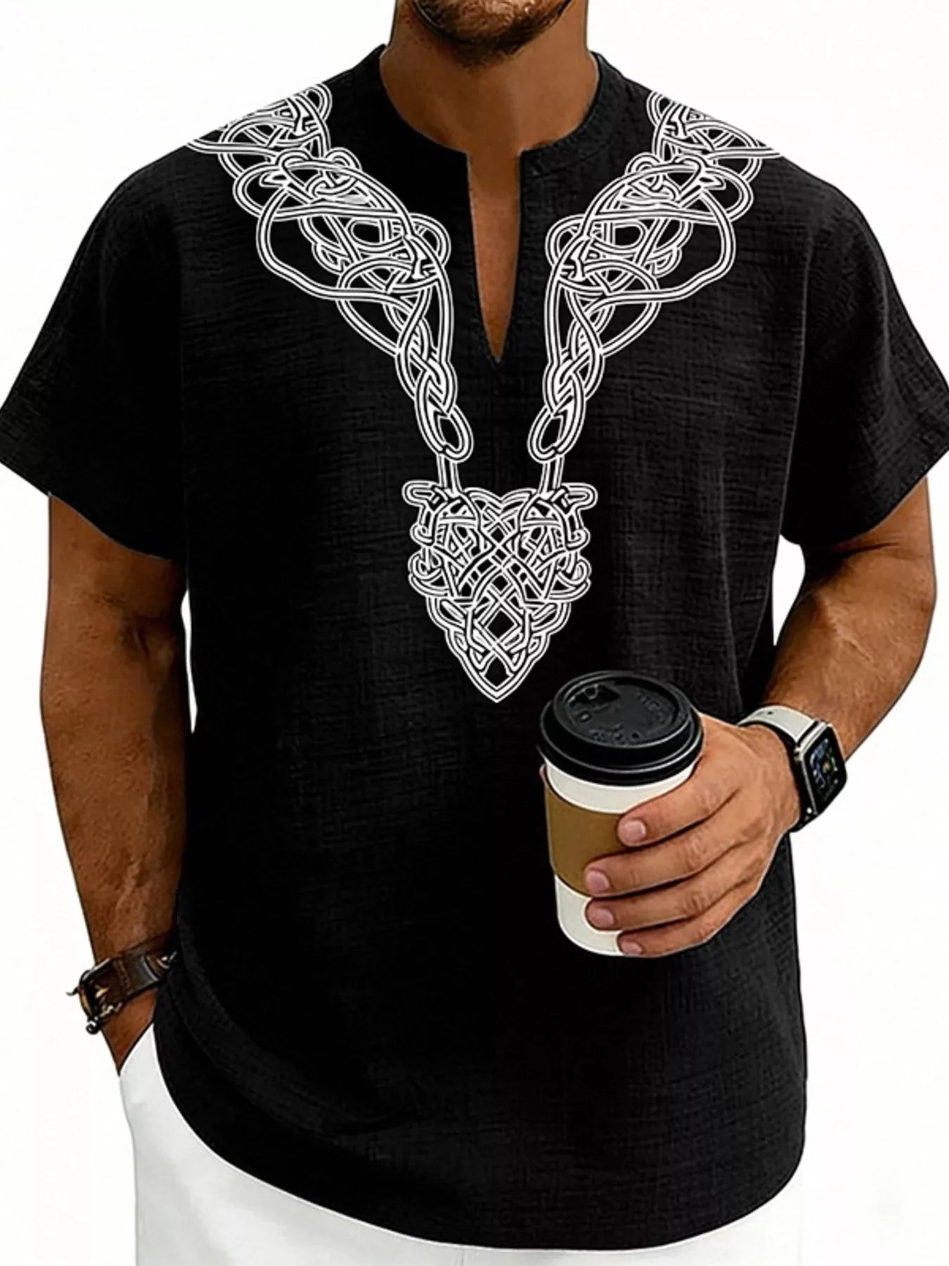 Men's plus size printed short sleeve blouse with notched collar by Plush Fashion Hub, featuring a stylish design and comfortable fit.