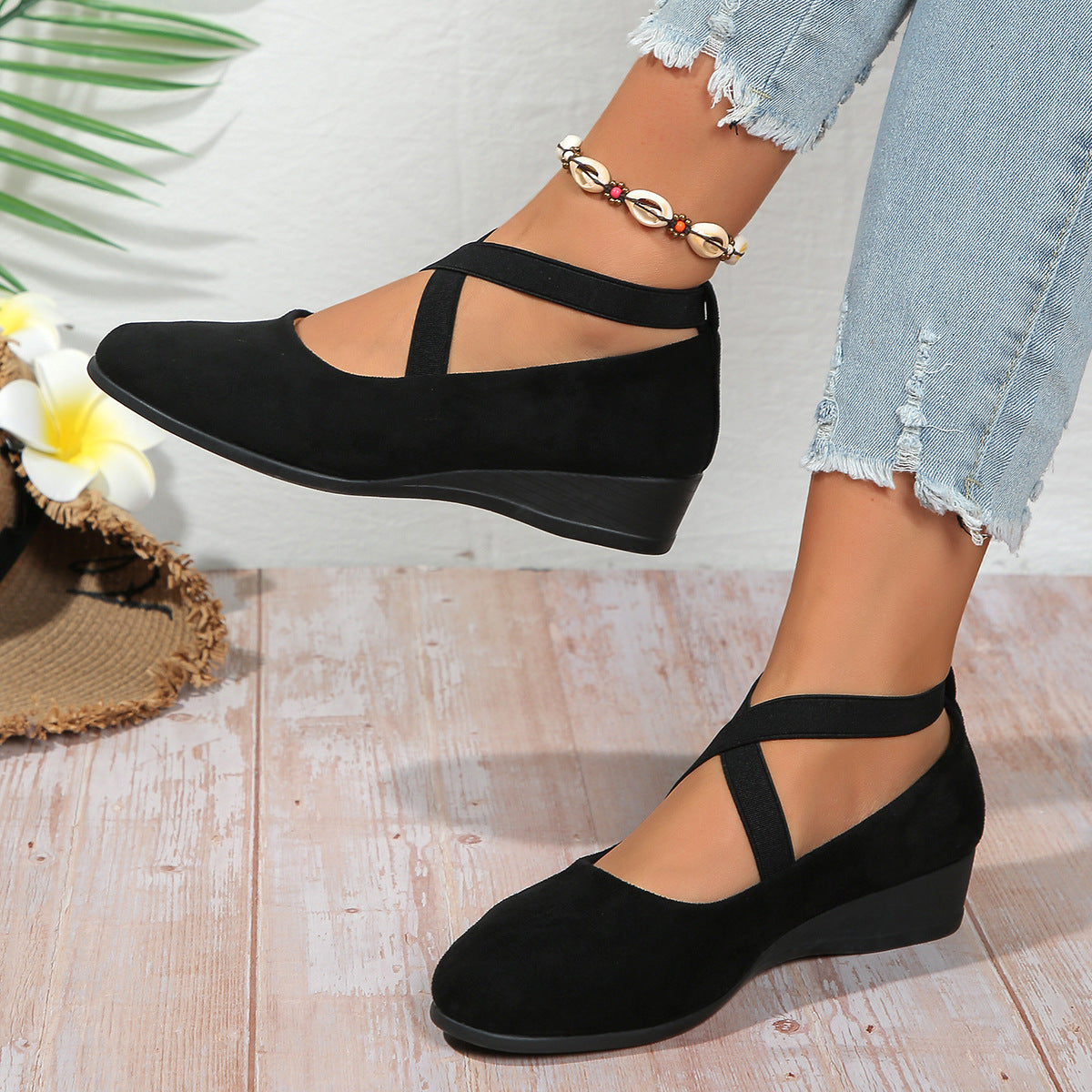 FitiqueFit elastic band platform wedge pumps in six colors, EU 35-43, featuring stylish heels with supportive elastic straps.