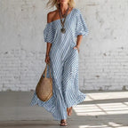 Women's striped off-shoulder dress by LadyShow.Store with a fitted bodice and flowing skirt, perfect for summer casual wear.