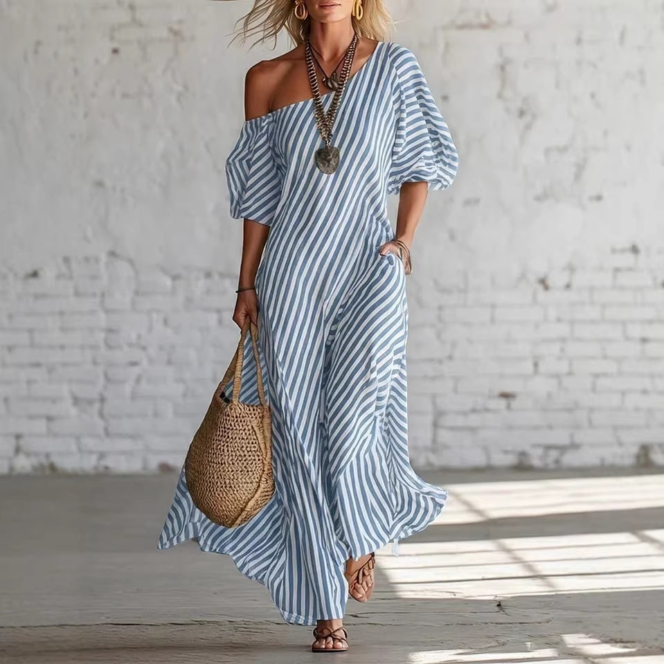 Women's striped off-shoulder dress by LadyShow.Store with a fitted bodice and flowing skirt, perfect for summer casual wear.