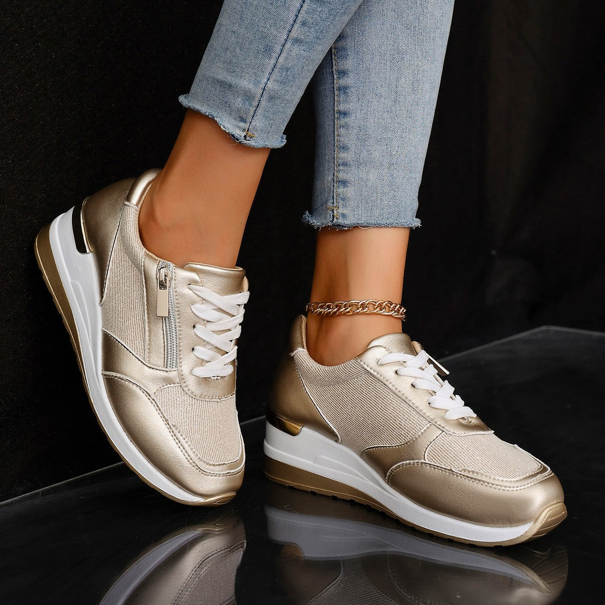 Metallic lace-up side zipper sneakers with thick soles in three colors, stylish and comfortable for casual wear.