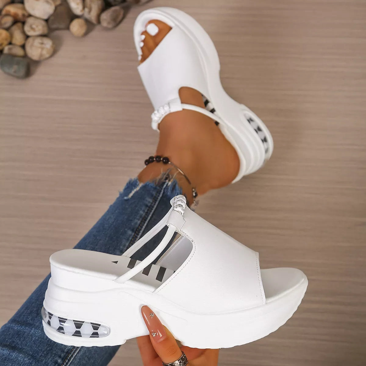 Open toe platform sandals by Plush Fashion Hub featuring chunky heel, adjustable ankle strap, and stylish design.