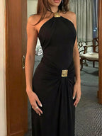 Backless ruched halter neck maxi dress by Shopimist, flowing fabric with elegant design and open back detail.