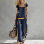 FitiqueFit square-neck three-quarter sleeve loose top and matching pants two-piece set, shown in a casual, comfortable style.