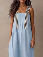 Shopimist striped straps midi dress featuring a fitted bodice, vertical stripes, and a flowy skirt for a stylish summer look.