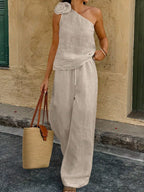 Shopimist one-shoulder floral embellished top and pants set, stylish two-piece outfit with vibrant floral details.