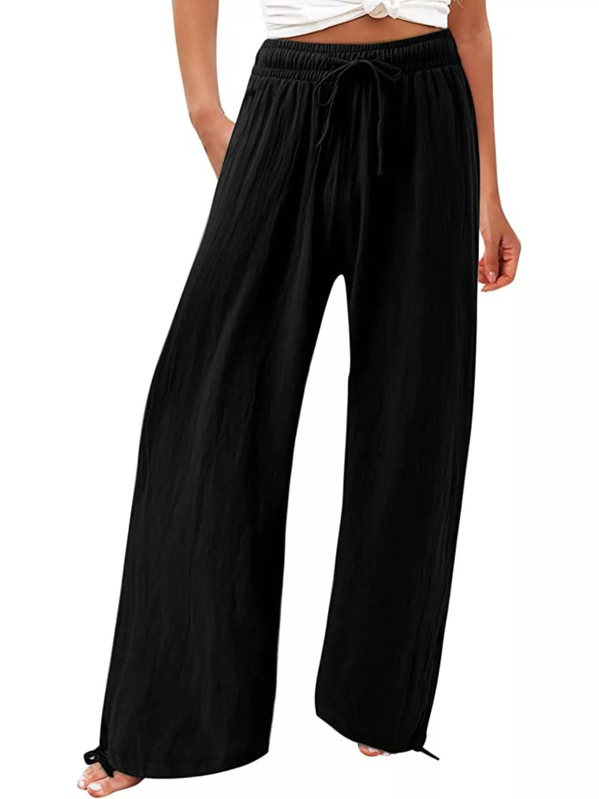 Plush Fashion Hub full size wide-leg pants with drawstring waist, soft fabric, plus size, relaxed fit, casual style.