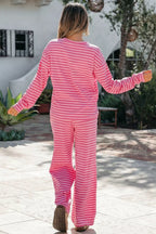 Stripe Drop Shoulder Round Neck Top and Buttoned Straight Pants Two Piece Set