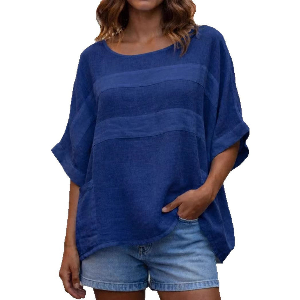 Loose-fitting LadyShow.Store crew neck top with three-quarter-length sleeves, casual and comfortable for everyday wear.