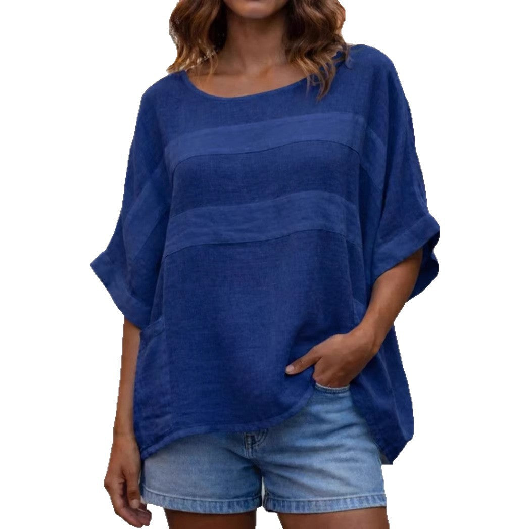 Loose-fitting LadyShow.Store crew neck top with three-quarter-length sleeves, casual and comfortable for everyday wear.