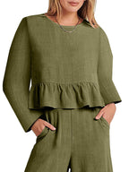 Women's ruffled hem long sleeve top and pants lounge set with pockets, stylish and comfortable 2-piece set by Trendsi.