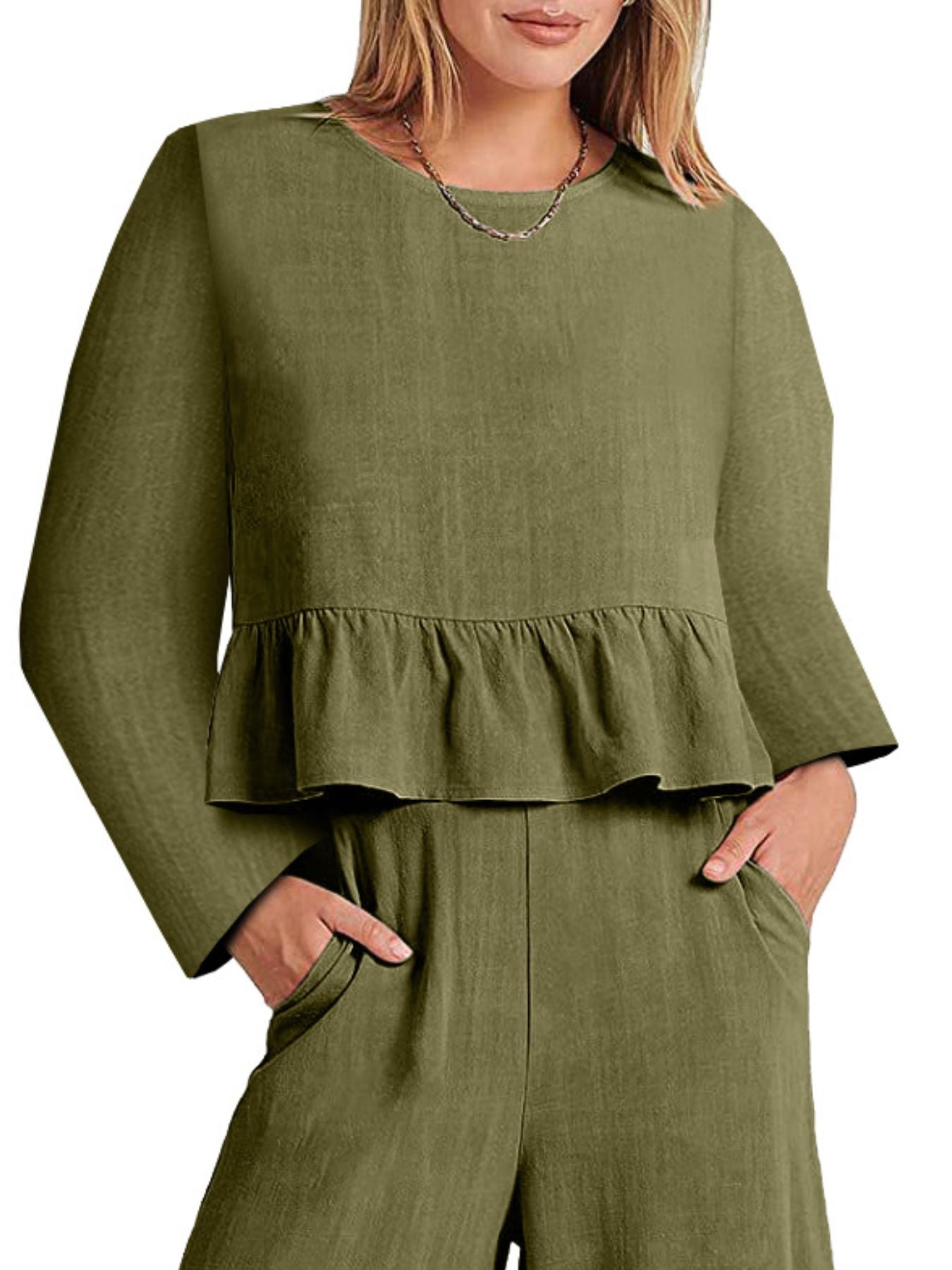 Women's ruffled hem long sleeve top and pants lounge set with pockets, stylish and comfortable 2-piece set by Trendsi.