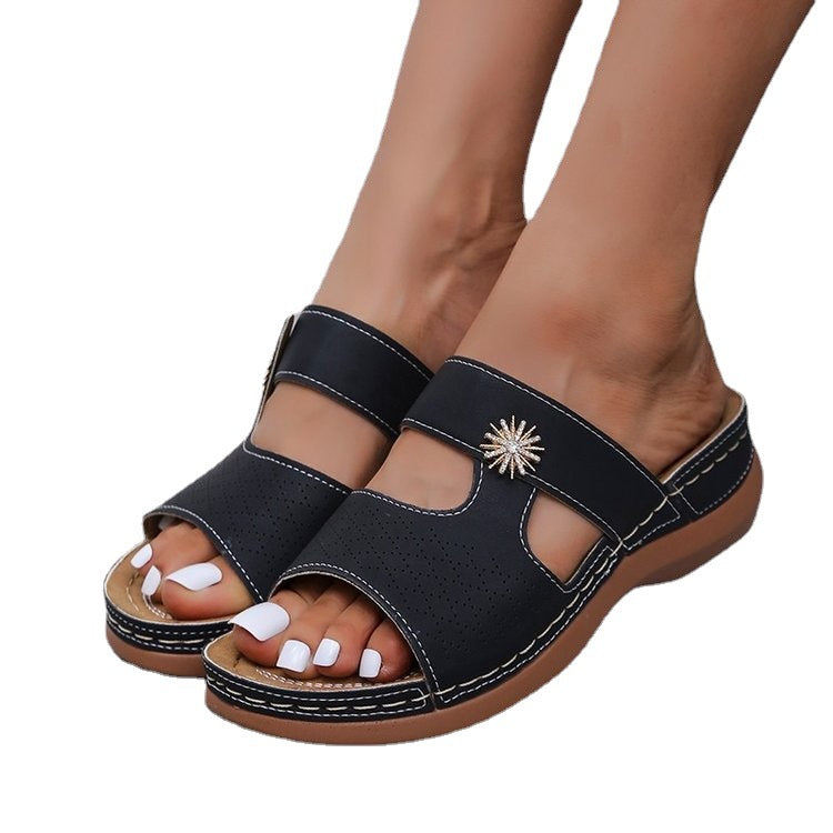 Embroidered fish mouth women's hollow sandals with thick soles, featuring intricate embroidery and stylish design from Plush Fashion Hub.