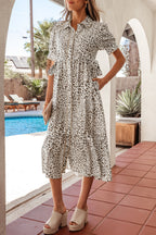 Women's leopard print button-down midi dress by Trendsi, casual chic viscose blend dress with long sleeves and a stylish silhouette.