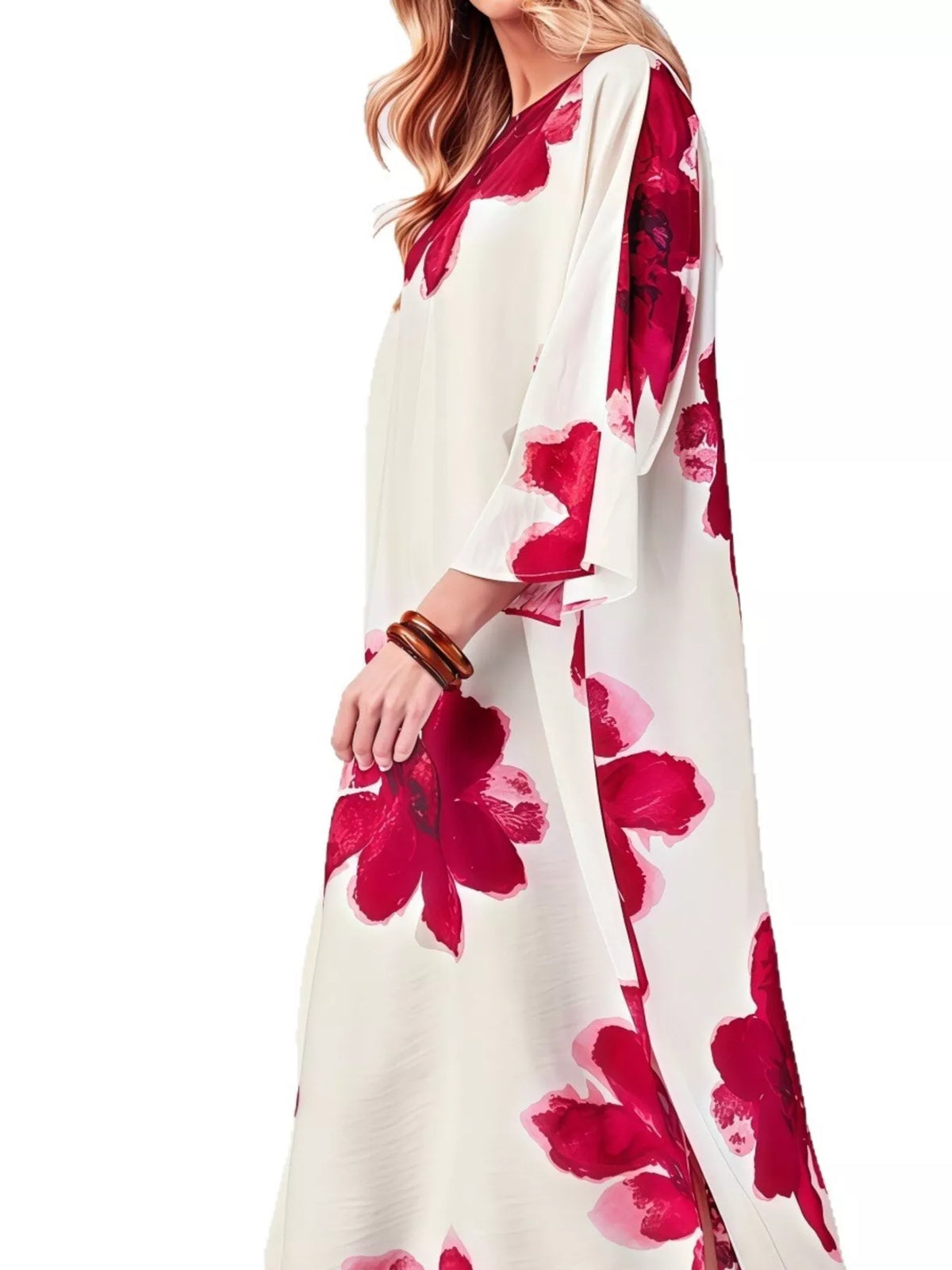 Floral print round neck dress by Plush Fashion Hub featuring vibrant flowers and a flowing silhouette.