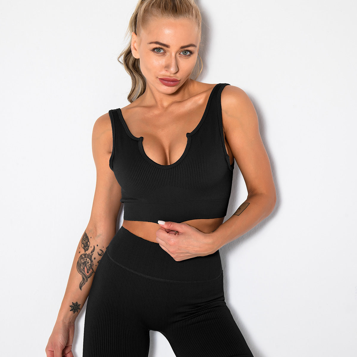 Seamless ribbed built-in bra tank top for women, longline workout crop top in activewear style by Plush Fashion Hub.