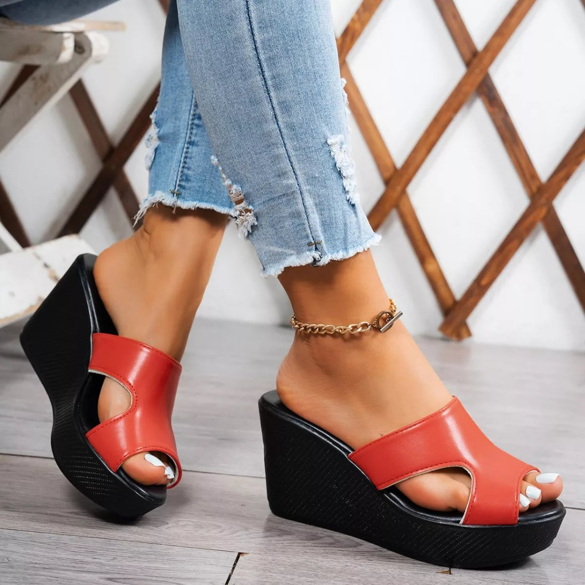 Open toe wedge sandals by Shopimist featuring a stylish design with a comfortable heel and ankle strap, perfect for summer wear.
