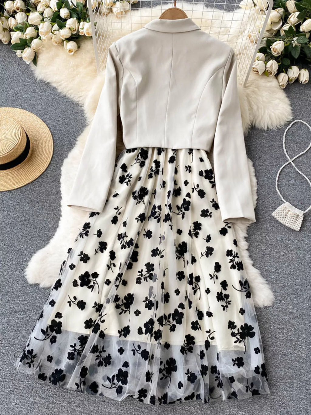 Elegant floral mesh two-piece dress and blazer set by Trendsi, featuring a stylish dress with floral details and a matching blazer.