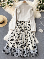 Elegant floral mesh two-piece dress and blazer set by Trendsi, featuring a stylish dress with floral details and a matching blazer.