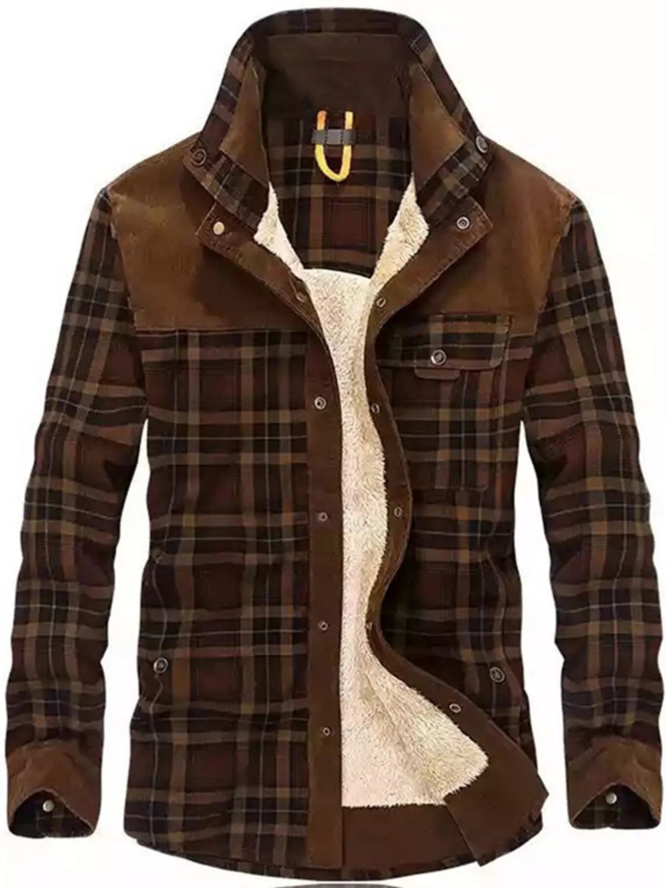 Men's plus size plaid fleece-lined snap down jacket by Shopimist, featuring a warm, stylish design with a full front closure.