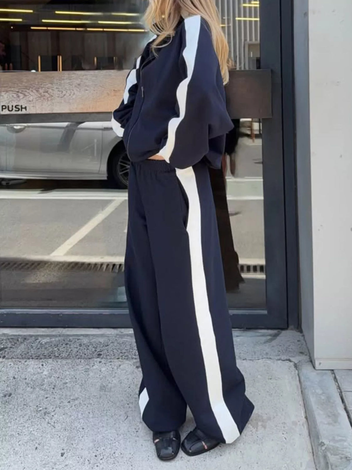 Plush Fashion Hub zip-up long sleeve tracksuit set, soft fabric, casual athletic style, in a neutral color.