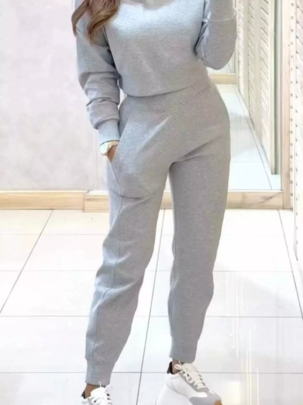 Simply Love casual chic cropped sweatshirt and jogger set, stylish and comfortable loungewear for relaxed everyday wear.