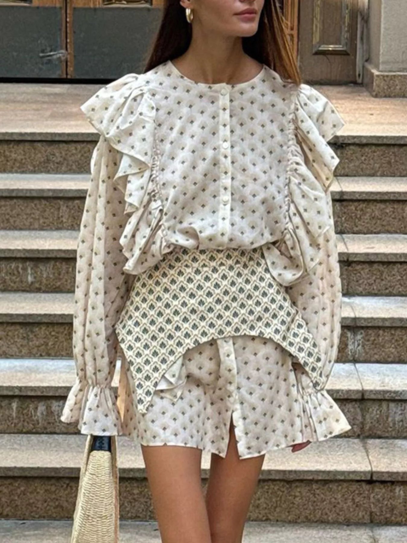 Plush Fashion Hub ruffled floral print mini dress with delicate details and a fitted silhouette, perfect for spring and summer wear.