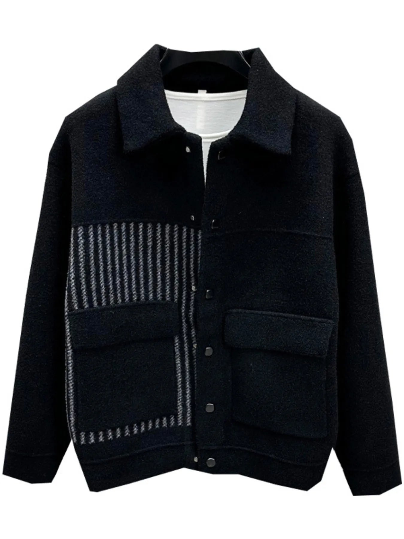 Men's plus size long sleeve button-up jacket by Shopimist, shown in dark fabric with front buttons and collar.