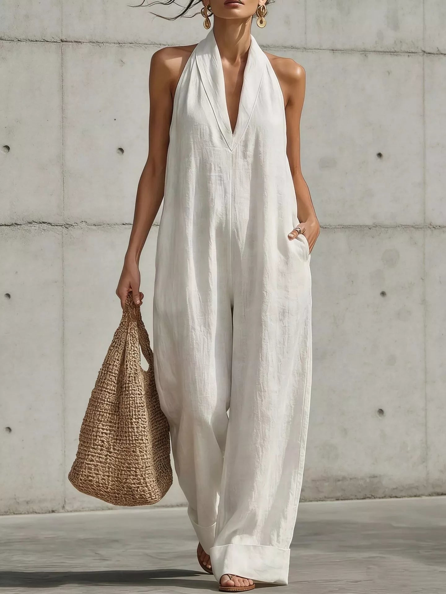 Plus size halter neck wide-leg jumpsuit by Plush Fashion Hub, featuring a stylish full-length design and flattering fit.
