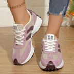 Women's round toe lace-up flat sneakers by Plush Fashion Hub, casual PU leather shoes with comfortable design, shown from side view.