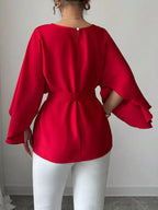 Batwing sleeve belted blouse by Shopimist featuring a relaxed fit, with flowing fabric and a waist belt for a stylish look.