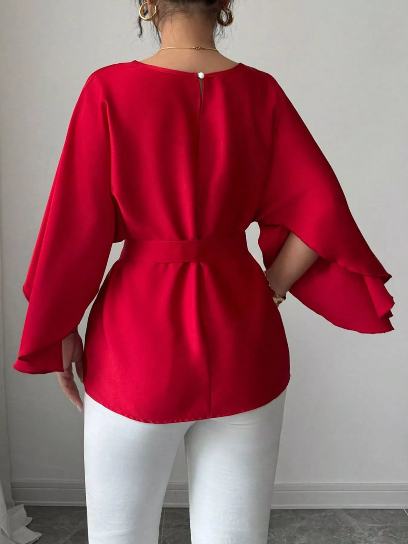 Batwing sleeve belted blouse by Shopimist featuring a relaxed fit, with flowing fabric and a waist belt for a stylish look.