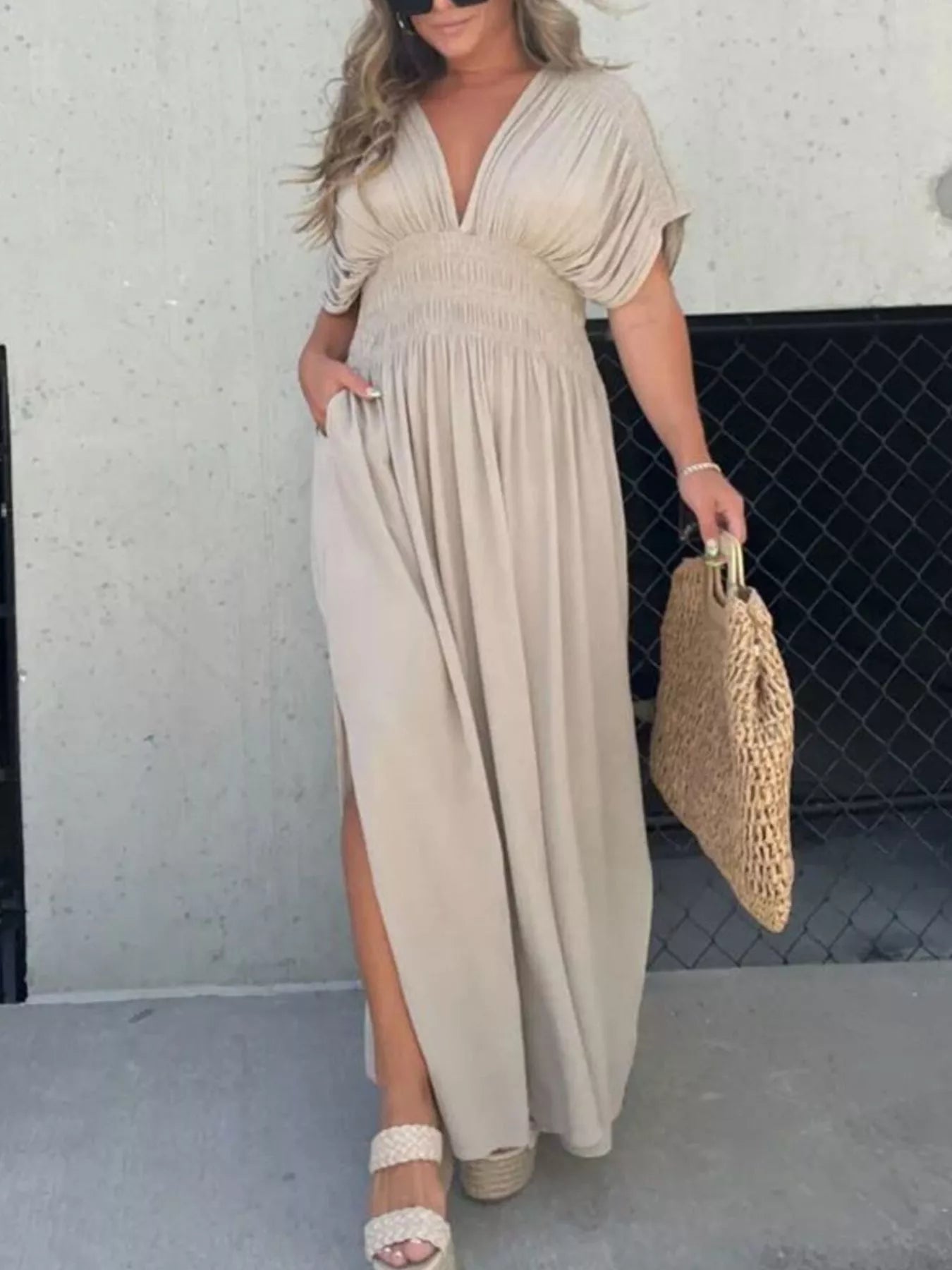 Plus size Trendsi maxi dress with slit V-neck, smocked waist, full-length design, perfect for elegant, comfortable style.